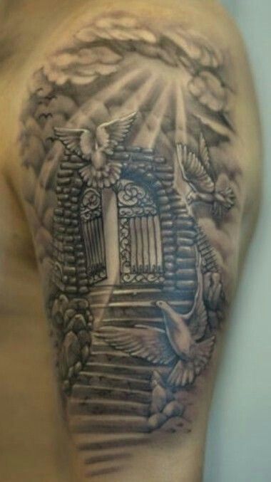 Doves at the gates of heaven tattoo Heaven Gate Tattoo, Heavens Gate Tattoo, Tattoo Stairs, Heavenly Tattoos, Stairs Tattoo, Gates Of Heaven Tattoo, Gate Tattoo, Historical Tattoos, Heavens Gate