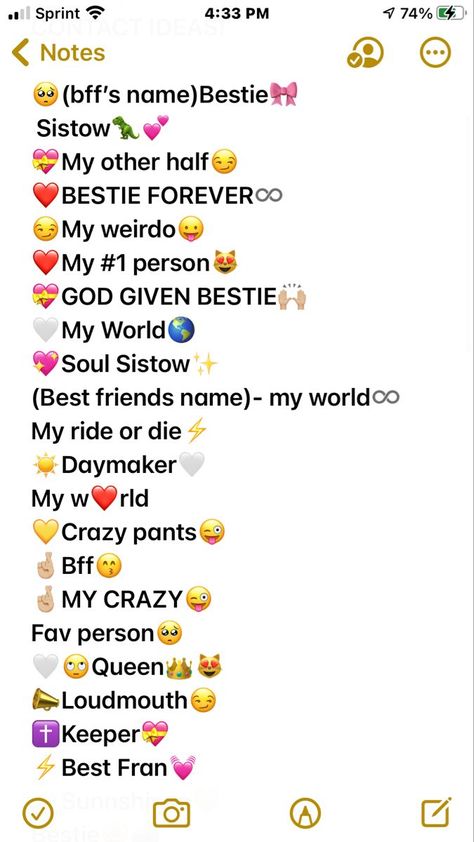 Bff Names On Snapchat, Best Friend Nicknames Ideas For Contacts, Cute Bestie Names For Contacts, Names For Best Friends On Snapchat, Cute Names For Bestie In Phone, Names For Bff On Snapchat, Names To Call Your Bff In Your Phone, Emojis For Contact Names, Good Nicknames For Best Friends