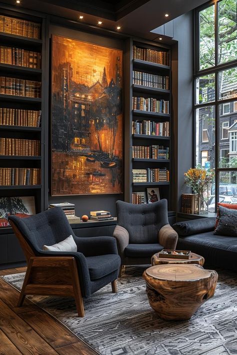 Moody House Design, Mid Century Modern Library Room, Mid Century Modern Library, Mid Century Modern Study, Moody Library Room, Dark Mid Century Modern, Moody Mid Century Modern, Mid Century Modern Living Room Ideas, Moody Library