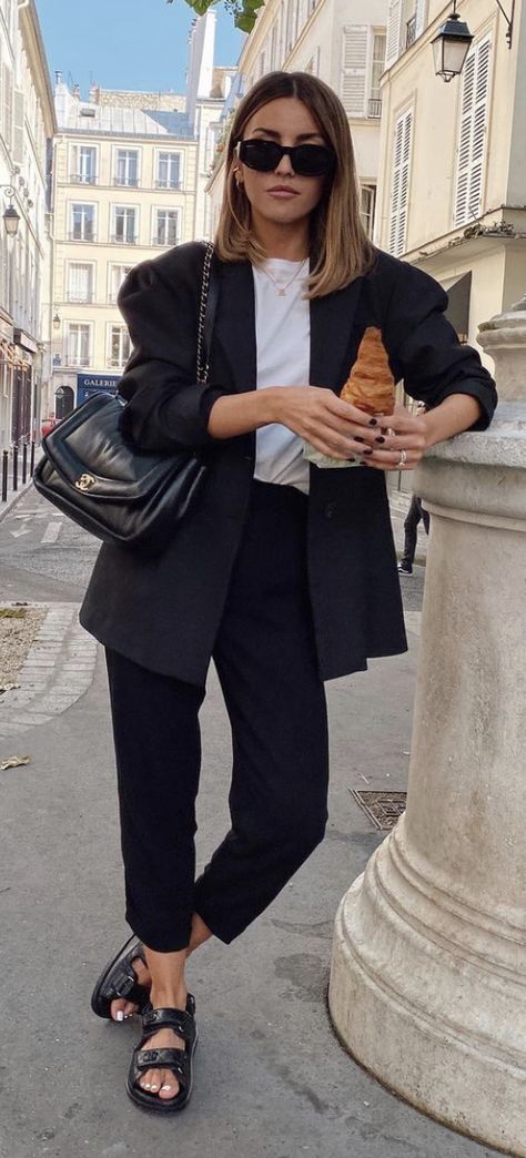 Loafer Sandals Outfit, Black Chanel Sandals Outfit, Chunky Sandals Work Outfit, Black Dad Sandals Outfit, Chanel Sandals Outfit Summer, Black Loafer Summer Outfit, Chanel Black Sandals, Sandals Office Outfit, Boston Street Style Summer