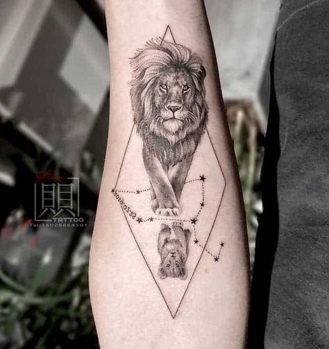 Star Tattoos On Side Rib Cage, Cool Lion Tattoos For Men, Lion Tattoo Spine, Lion Father And Son Tattoo, Creative Leo Tattoos, Lion Reflection Tattoo, Lion Tattoo For Man, Leo Tattoo Ideas Men, Tattoo Lion Men