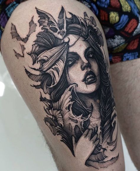 #tattoo #tatts #body #bodytattoo #bobavhet #bobavhettattoo #voice #voiceofink_tattoo #black #blacktattoo #poland #wroclaw #girl #tattoogirl #ink #art #inkart #inkdup #polandtattoo Vampire Tattoo Designs, Poland Tattoo, E.t Tattoo, Vampire Tattoo, Dark Art Tattoo, Thigh Tattoos Women, Dark Tattoo, Wroclaw, Piercing Tattoo