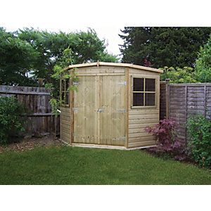 Shire 8 x 8ft Double Door Shiplap Corner Shed Corner Shed, Corner Sheds, Shiplap Cladding, Cheap Sheds, Shed Base, Storage Shed Plans, Corner Garden, Shed Plan, Wooden Sheds