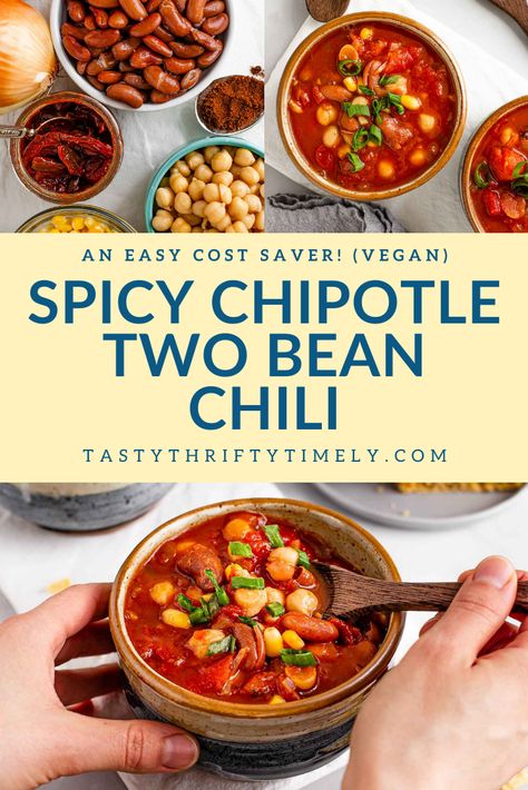 Spicy Chipotle Two Bean CHILI! A bit of kick from a CHIPOTLE pepper in adobo sauce, CHUNKY with kidney beans and chickpeas, ADAPTABLE to whatever is in your pantry, SO EASY, and SO COMFORTING! A GO-TO EASY MEAL! All canned/frozen ingredients means ultimate CONVENIENCE! #tastythriftytimely #vegan #veganfood #veganrecipes #plantbasedfood #glutenfree #chili #chilli #chilibowl #chilirecipe #chipotlepeppers #spicychili #beansandcornbread #healthyrecipes #winterrecipes #coldweatherrecipes Chipotle Chilli Recipes, Bean Chilli Recipe, Chipotle Chili Recipe, Freeze Beans, Chilli Spice, Beans And Cornbread, Chilli Recipe, Chickpea Chili, Vegetarian Chili Recipe