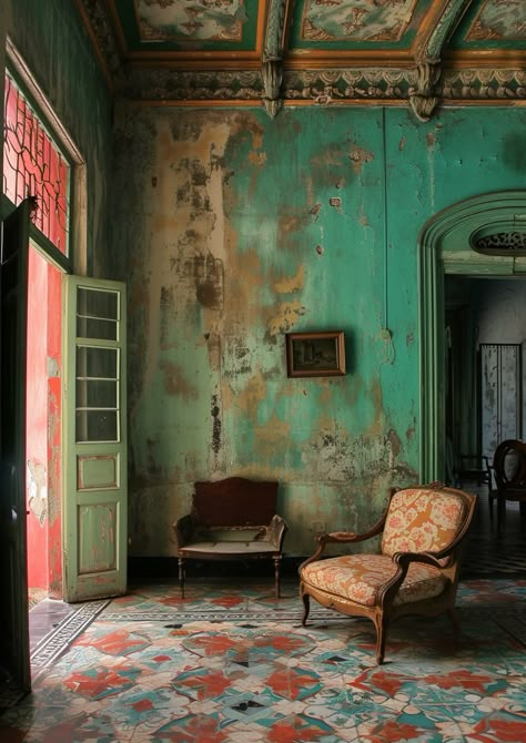 Typical Cuban interior in a colonial casa in Havana Cuban House Interior, Cuba Interior Design, Cuban Restaurant Design, Cuban Interior Design, Cuban Interior, Cuban Aesthetic, Cuba Interior, Vintage Cuba Aesthetic, Cuban Interior Design Havana Cuba