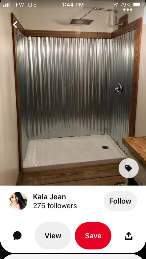 Cheap Shower Ideas Bathroom Diy Budget, Small Western Bathroom Remodel, Diy Shower Stall Cheap, Corrugated Steel Wall, Rustic Industrial Decor Bathroom, Galvanized Shower Ideas, Shabby Chic Bathroom Ideas, Sheet Metal Shower Walls, Shop Bathroom