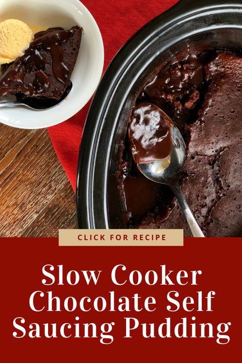 Easy and delicious Slow Cooker Chocolate Self Saucing Pudding Slow Cooker Pudding Recipes, Slow Cooker Puddings, Chocolate Self Saucing Pudding, Self Saucing Chocolate Pudding, Slow Cooker Brownies, Slow Cooker Cake, Self Saucing Pudding, Slow Cooker Baking, Slow Cooker Recipes Dessert