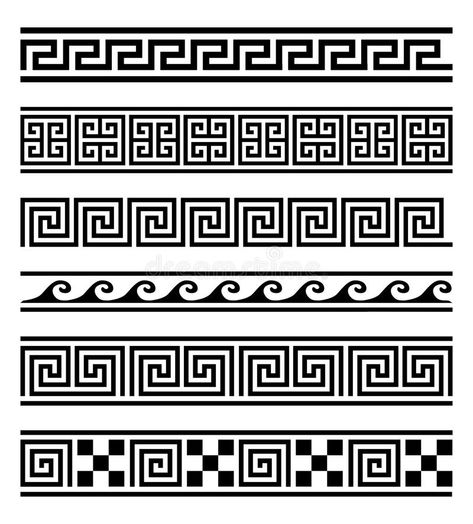 Illustration about Vector collection of 6 greek style geometric frames on white background. Vector elements for your design. Illustration of geometry, greece, geometrical - 59970415 Roman Pattern Design, Roman Pattern, Greek Ornament, Band Tattoo Designs, Greek Pattern, Ancient Greek Art, Vector Elements, Greek Design, Greek Tattoos