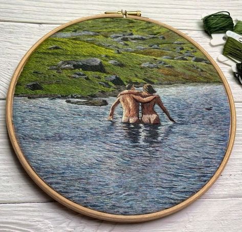 Water Embroidery, Embroidered Landscapes, Embroidery Water, Embroidery Map, Norwegian Landscape, Embroidery Landscape, Landscape Embroidery, Embroidered Portrait, Embroidery Crafts