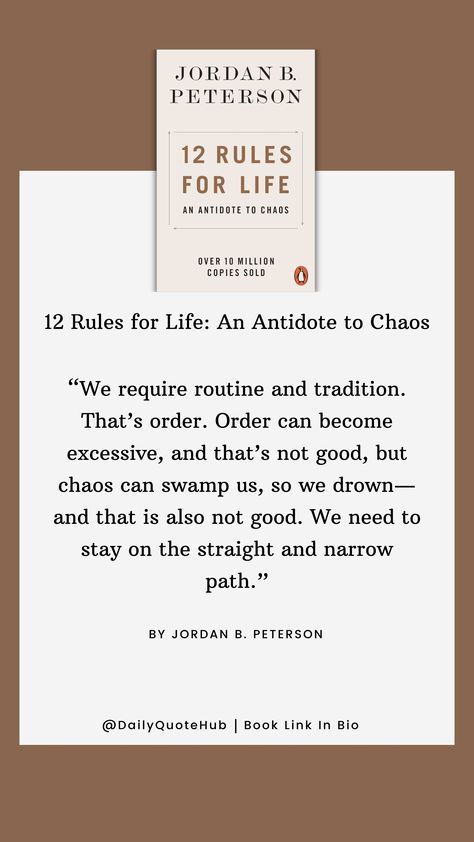 12 Rules for Life: An Antidote to Chaos by Jordan B. Peterson is a self-help book published in 2018. It offers practical advice through twelve life principles aimed at bringing order to chaos, touching on themes of personal responsibility, discipline, and meaning. #SelfHelp #LifeAdvice #JordanPeterson #PersonalDevelopment #12RulesForLife 12 Rules For Life Jordan Peterson, 12 Rules For Life, Life Principles, Rules For Life, Jordan B Peterson, Jordan B, Personal Responsibility, Jordan Peterson, Todo List