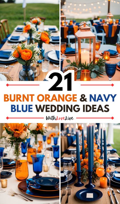 Burnt orange and navy blue make the perfect wedding color combination! 💍🌿 Create an unforgettable atmosphere with bold accents, floral designs, and elegant decor. Explore all the ideas you need for your special day and save this pin for inspiration! 📌💖 Blue And Orange Table Setting, Navy Blue And Burnt Orange Wedding Decor, Orange And Blue Wedding Theme, Burnt Orange And Navy Blue Wedding, Navy Blue And Burnt Orange Wedding, Navy Blue And Orange Wedding, Orange And Navy Blue Wedding, Navy Blue And Terracotta Wedding, Navy Orange Wedding