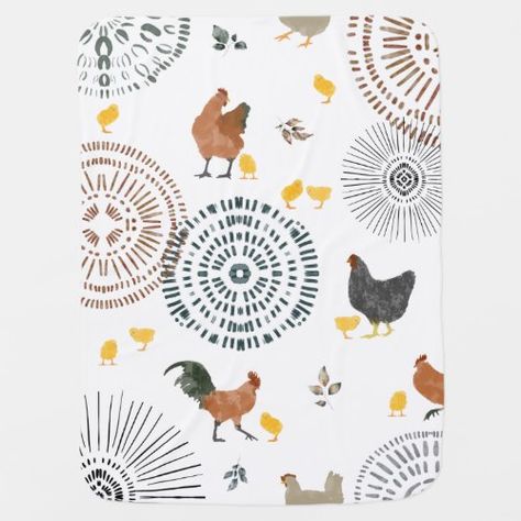 $37.20 | Boho Chickens & Chicks Baby Blanket #baby #chicken #chick #babychick #farm #animal #boho #bird #poultry Chicken Nursery, Chicken Patterns, Linoleum Prints, Boho Baby Blankets, Bird Mom, Chicken Pattern, Chicken Chick, Boho Baby Shower Invitations, Baby Milestone Blanket