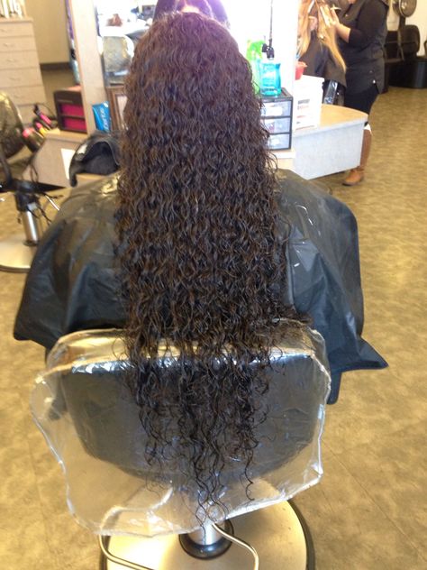 Apostolic long hair spiral perm Brown Permed Hair, Spiral Perm Before And After, Digi Perm, Perm Before And After, Perms Before And After, Tight Curl Perm, Perm Rod Sizes, Loose Spiral Perm, Spiral Perm Long Hair