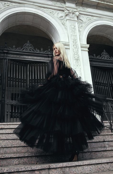 Fashion editorial photo by Dali Ma Black Tulle Photoshoot, Gothic Dress Photoshoot, Black Tulle Dress Photoshoot, Black Gown Photoshoot, Big Dress Photoshoot, Coco Photoshoot, Tulle Dress Photoshoot, Black Dress Photoshoot, Gown Editorial