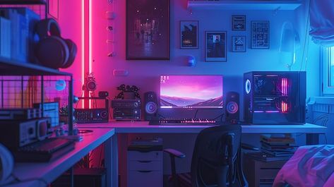 Vaporwave Gaming Setup, Vaporwave Setup, Vaporwave Office, Purple Office Decor, Lofi Bedroom, Vaporwave Bedroom, Vaporwave Decor, Bryce Tankthrust, Vaporwave Room