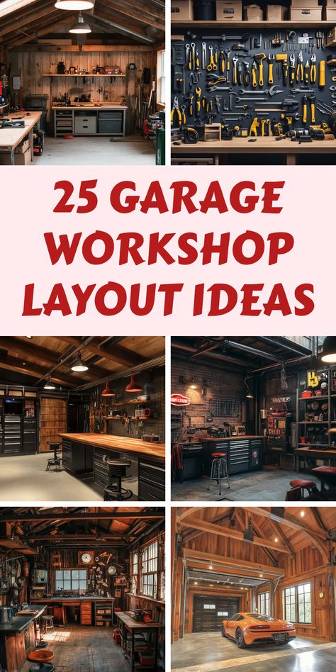 Discover 25 garage workshop layout ideas to enhance productivity and maximize organization. The pin showcases various functional designs along with images displaying clever tool organization, featuring overhead storage and clutter-free spaces. Garage Set Up, Garage Shop Plans Layout, Garage Shop Layout, Garage Layout Ideas, Shop Office Ideas, Workshop Layout Ideas, Shop Layout Ideas, Workshop Design Ideas, Garage Workspace