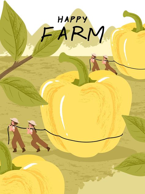 Farmer cartoon characters with bell pepper harvest poster illustration Farmer Cartoon, Farm Poster, Cartoon Mountain, 달력 디자인, 동화 삽화, Happy Farm, Poster Illustration, Gloomy Day, Spring Landscape