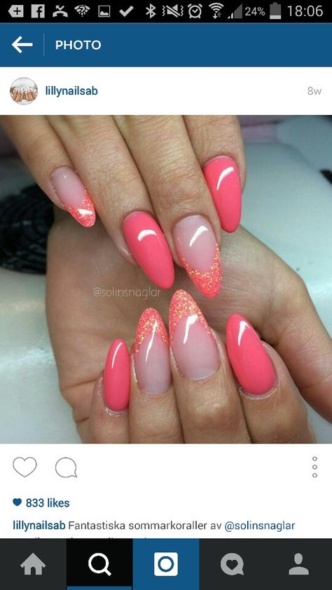 Neon almond nails Chloe Nails, Nails Coral, Almond Shaped Nails, Pink And Glitter, Glitter Tips, Shaped Nails, Stylish Nails Designs, Almond Acrylic Nails, Almond Shaped