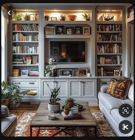 Living Room Built Ins With Tv Farmhouse, Bookshelves Surrounding Tv, Library Entertainment Center, Built In Bookshelf Around Tv, Built In Bookcase Living Room Library Wall, Built In Tv Bookcase, Vaulted Ceiling Built Ins Bookshelves, Full Wall Shelving Living Room, Bookshelves Around Tv Mounted