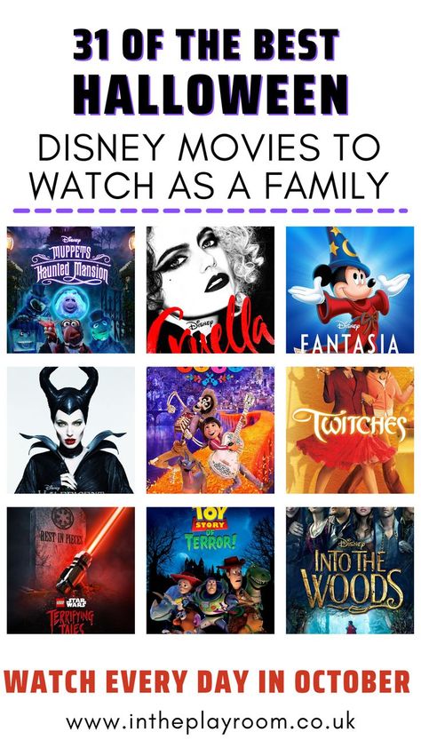 31 of the best Halloween Disney movies to watch as a family - watch every day in October Halloween Movies Disney Plus, Halloween Movies On Disney+, Disney Halloween Movies List, Movies For Family Movie Night, Scary Halloween Movies, Halloween Movies For Kids, Family Friendly Halloween Movies, New Halloween Movie, Disney Halloween Movies