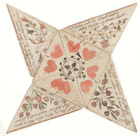 Hand-drawn; hand-colored; hand-lettered. This document is a square sheet of paper that is folded into a star. The text and drawings are on both sides of the sheet. The areas that are visible on the folded paper are decorated with text, hearts, flowers and a small cross. One of the hearts is pierced by an arrow. circa 1800 Valentines Puzzles, 1000 Lifehacks, Victorian Valentines, Hearts And Flowers, My Funny Valentine, Love Token, Saint Valentine, Kirigami, Vintage Valentines