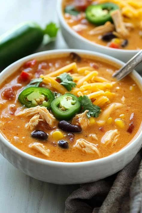 Healthy Creamy Chicken Tortilla Soup, Queso Chicken Soup, Creamy Tortilla Soup Crockpot, Southwest Chicken Soup Recipes, Healthy Enchilada Soup, Crockpot Tortilla Chicken Soup, High Protein Chicken Tortilla Soup, Creamy Chicken Tortilla Soup Crock Pot, Max And Ermas Chicken Tortilla Soup