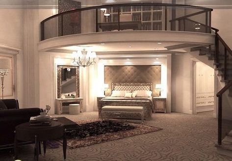 Master Suite With Loft, Grand Bedroom Master Suite, Oversized Master Suite, Two Story Master Suite, Two Story Closet Master Suite, 2 Story Closet Master Suite, Mezzanine Bedroom Master Suite, Mansion Master Suite, Huge Bedroom Luxury Master Suite