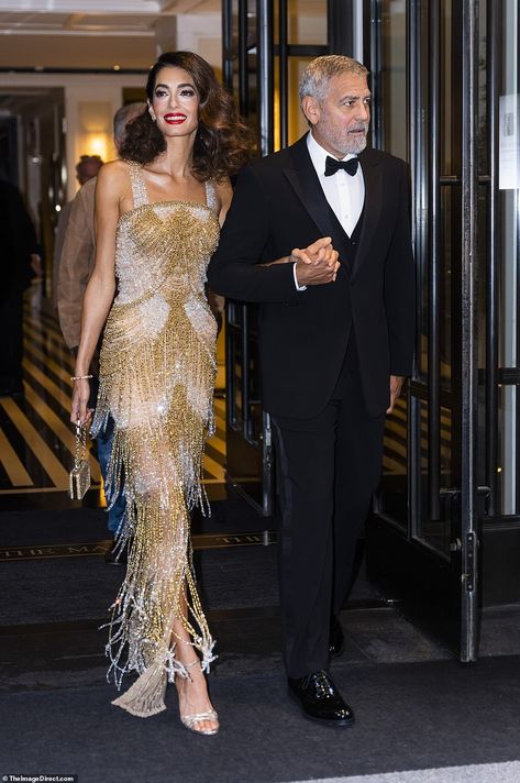 Amal Clooney Wedding Dress, Amal Clooney Wedding, George Clooney Style, Amal Alamuddin Style, George Clooney Amal Alamuddin, Ny Public Library, Sequined Gown, Versace Gown, Golden Dress