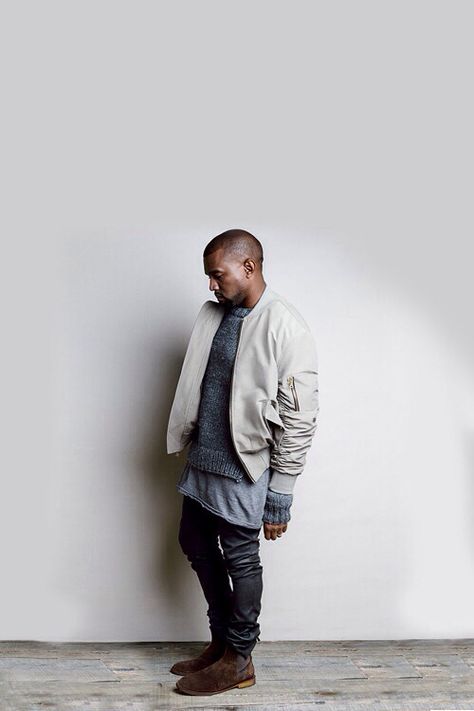 Kanye West. Colour palette. Silhouette. Footwear. Suede. Kanye West Outfits, Kanye Fashion, Kanye West Style, Mode Hip Hop, Outfits Hombre, Gq Magazine, Beastie Boys, Men Street, Fear Of God