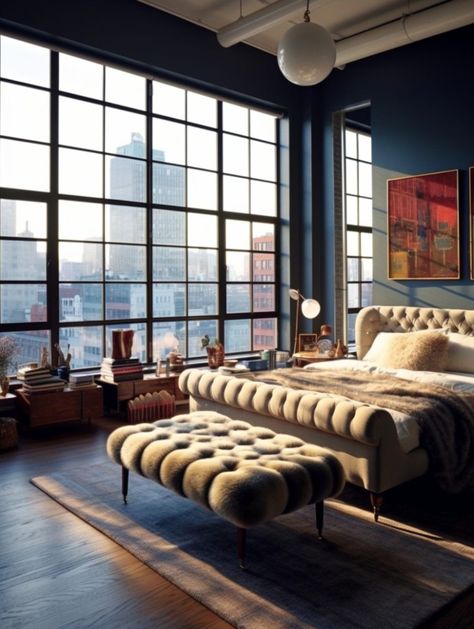 Step into the artistic world of loft living in the Village, featuring eclectic decor and bohemian style. New York Loft Style Living Room, Urban Loft Apartment, Loft Style Living Room, Floor Bedroom Ideas, Patrick Brown, New York Bedroom, Brick Living Room, Industrial Design Style, City Interior