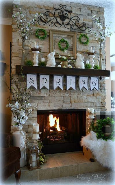 Spring mantel decorating ideas, spring mantel decor, spring mantel ideas, simple spring mantel #decoration Spring Mantel Decorating Ideas, Film Decor, Spring Mantle, Spring Mantel, Mantel Ideas, Fireplace Mantel Decor, Mantel Decor, Spring Easter Decor, The Fireplace