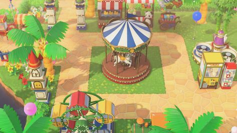 Acnh Amusement Park Design Ideas, Animal Crossing Theme Park Ideas, Acnh Carnival Design Ideas, Animal Crossing Fun Fair, Acnh Fairground Design, Acnh Theme Park Ideas, Acnh Fair Ideas, Animal Crossing Plaza Carnival, Animal Crossing Clowncore