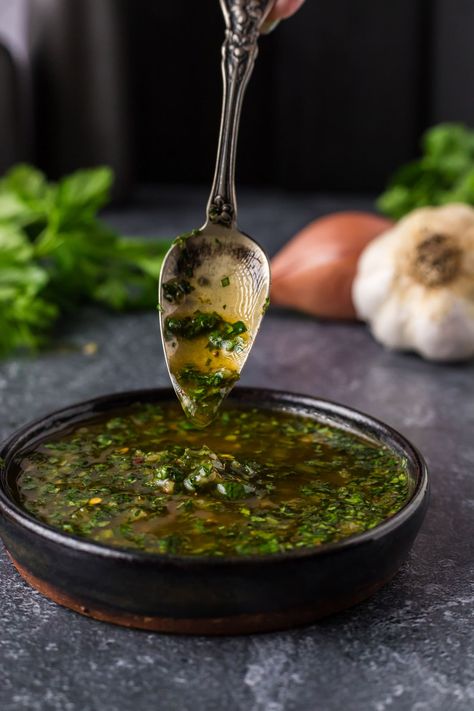 This vibrant and fresh homemade chimichurri is packed with herbaceous flavor and comes together in under 5 minutes with a quick blitz! Best Chimmi Churri Sauce Recipe, Brazilian Chimichurri Sauce, Holiday Chimichurri, Chimichanga Sauce, Chimmi Churri Sauce, Chimmi Churri, Home Made Spices, Lamb Sauce, Crockpot Mac And Cheese