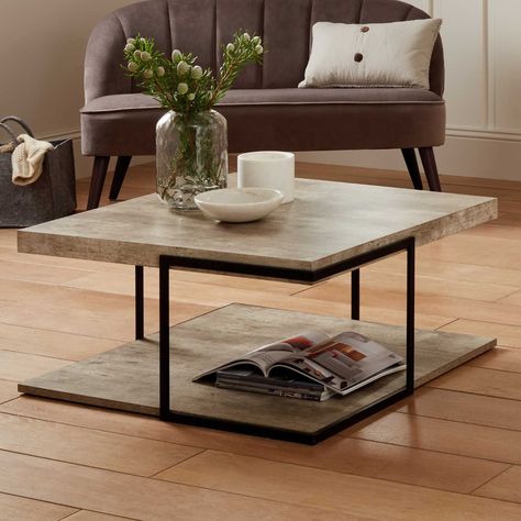 pacific-lifestyle 76-388 Industrial Grey Concrete Effect Matt Black Iron Metal Square Coffee Table with Shelf has a stylish, industrial-luxe design. Grey Wood Coffee Table, Industrial Style Interior, Jersey Collection, Furniture Boutique, Coffee Table With Shelf, Iron Coffee Table, Coffee Table Grey, Square Coffee Table, Large Coffee Tables