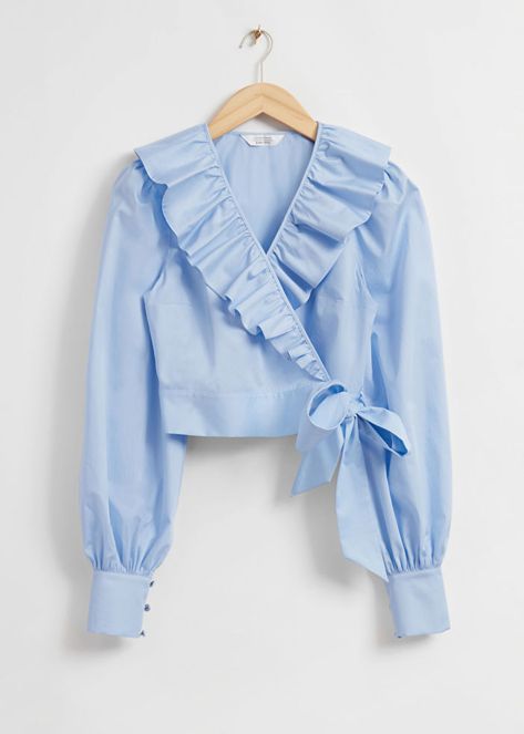 Nymphaea Lotus, March Outfits, Light Blue Blouse, Woman Blouse, Casual Blazer Women, Party Blouse, Thrift Flip, Ruffled Neckline, Chic Blouses