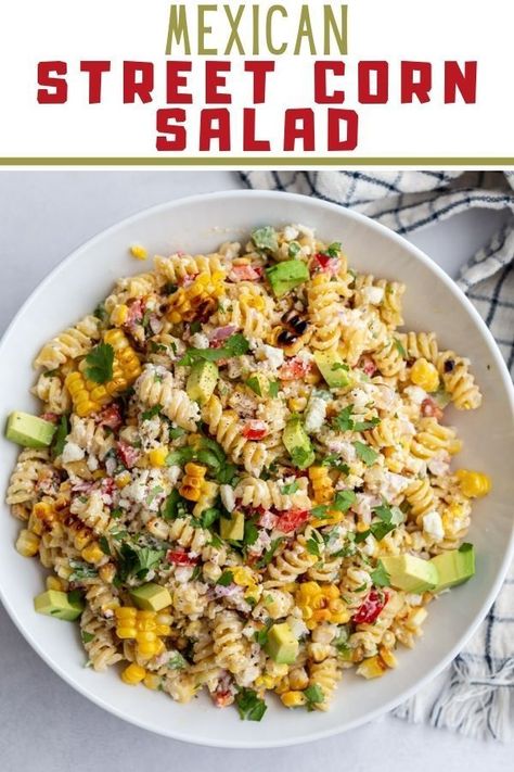 If you're a fan of Classic Mexican Street Corn then you're going to LOVE this fun twist in the form Mexican Street Corn PASTA SALAD! Cold Pasta Salad Recipes Thanksgiving, Healthy Carry In Food Ideas, Mexican Carry In Ideas, Mexican Corn Pasta Salad, Work Salads, Mexican Pasta Salad Recipes, Easy Entrees, Mexican Street Corn Pasta Salad, Mexican Street Corn Pasta