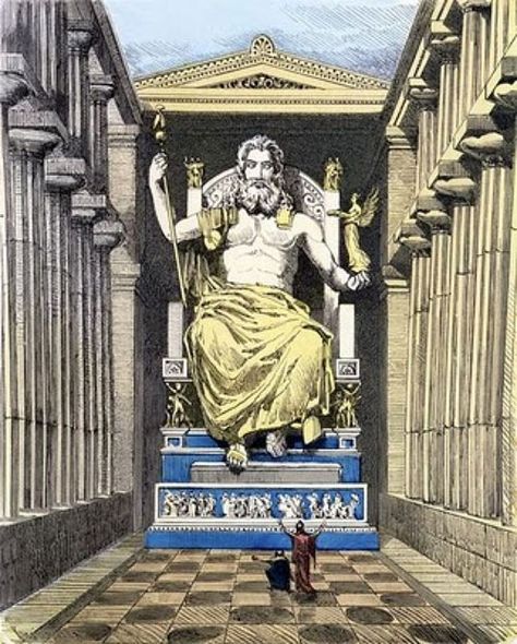 Statue Of Zeus At Olympia, Statue Of Zeus, Gold Statue, 7 Wonders, Queen Of Heaven, Greek Gods And Goddesses, Greek History, Seven Wonders, Bucket Lists