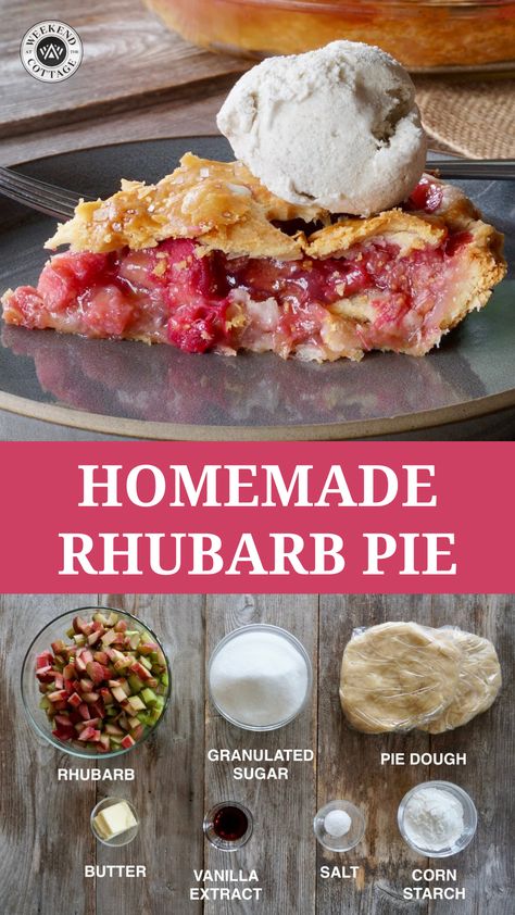 Homemade Rhubarb Pie with fresh rhubarb, sugar, butter, vanilla extract and pie dough (store-bought frozen pie shells work well in case you don't have homemade pie dough!). Serve with vanilla ice cream as a perfect dessert for warm weather. #springdessert #summerdessert Rhubarb Pie With Frozen Rhubarb, Rhubarb Pie Recipes Best, Rhubarb Pie Recipe Easy, Rhubarb Pie Recipes, Rubarb Pie, Rhubarb Strawberry Pie, Rhubarb Pie Filling, Bariatric Desserts, Rhubarb Desserts Recipes