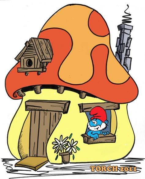 Törpapa gombaháza Smurf House Drawings, The Smurfs Drawing, Smurfs House, Smurfs Village, Smurfs Drawing, Smurf House, Smurf Village, Dope Cartoons, House Cartoon