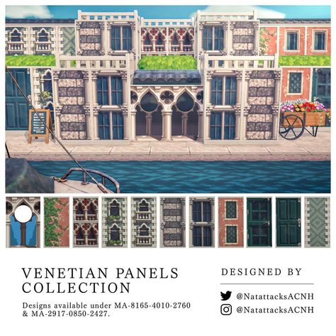 Nat • Animal Crossing Design Atelier on Instagram: “I wanted to repost some of my Venetian panel designs alongside some unannounced designs that I posted to the design portal back in…” Animal Crossing Qr Codes, Castle Window, Design Atelier, Cat City, Qr Codes Animal Crossing, Stall Designs, Castle Designs, New Animal Crossing, Animal Crossing Game