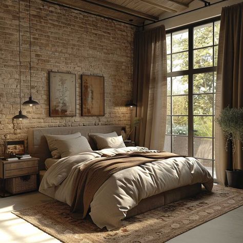 Blending Styles with Industrial Scandinavian Interior Design • 333+ Art Images Industrial Scandinavian Interior, Edgy Bedroom, Brick Wall Bedroom, Brick Bedroom, Industrial Style Bedroom, Industrial Style Interior, Minimalist Bedroom Decor, Industrial Home Design, Brick Loft