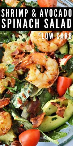 Shrimp Avocado and Spinach Salad #shrimpavocadospinachsalad #spinachsalad Keto Spinach Salad Recipes, Shrimp With Avocado Recipes, Best Keto Salads Recipes, Lettuce And Spinach Salad Recipes, Shrimp Spinach Salad Recipes, Shrimp Cucumber Avocado Salad, Dinner Salad With Shrimp, Keto Light Dinner, Keto Shrimp And Avocado Salad