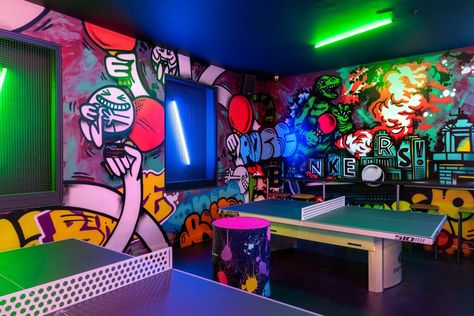 Bunkers Swansea Design Case Study | Soulful Creative Graffiti Room, Starting A Coffee Shop, Design Case Study, Space Bar, Paint Themes, Graffiti Artists, Game Room Bar, Episode Backgrounds, Neon Design