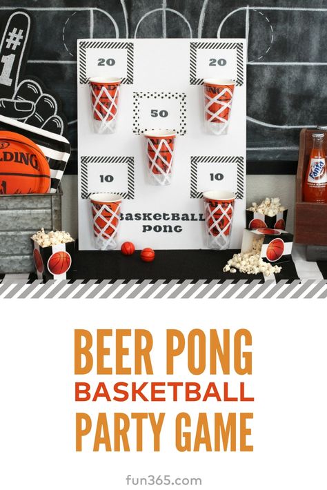 Celebrate March Madness with a game of friendly beer pong basketball. Make your own DIY party game by following step-by-step instructions from Mariah of Giggles Galore. Here's how she did it. #partygame #marchmadness #party Kegger Party Ideas, Sports Day Party Adults, Battleshots Diy Drinking Game, Golf Pong Boards Diy, Bar Games Ideas, Beer Olympics Games Ideas Summer, Beer Pong Games, Cookout Games, Beer Olympics Party