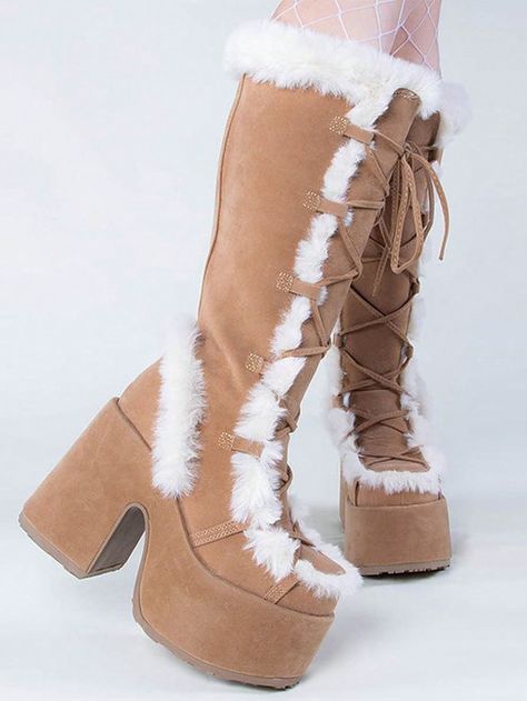 Cute Womens Snow Boots Lace Up Zip Block Knee High Chunky High Heel Punk Goth Warm Fur Winter Platform BootsI discovered amazing products on SHEIN.com, come check them out! Womens Snow Boots, Cute Womens, Chunky High Heels, Boots Women Fashion, Snow Boots Women, Womens Knee High Boots, Punk Goth, Fur Boots, Chunky Boots