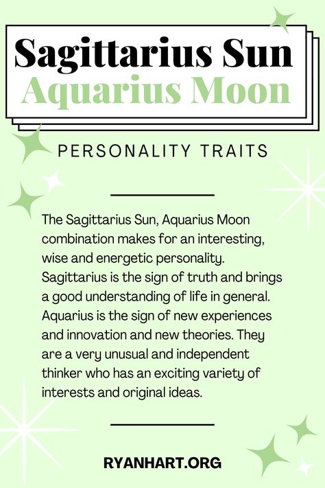 A Sagittarius Sun, Aquarius Moon individual is a very unusual and independent thinker who has an exciting variety of interests and original ideas. Aquarius Sun Sagittarius Moon, Moon Personality, Independent Thinker, Sagittarius Sun, Zodiac Aesthetic, Sun Aquarius, Sagittarius Aquarius, Aquarius Moon, Sagittarius Season