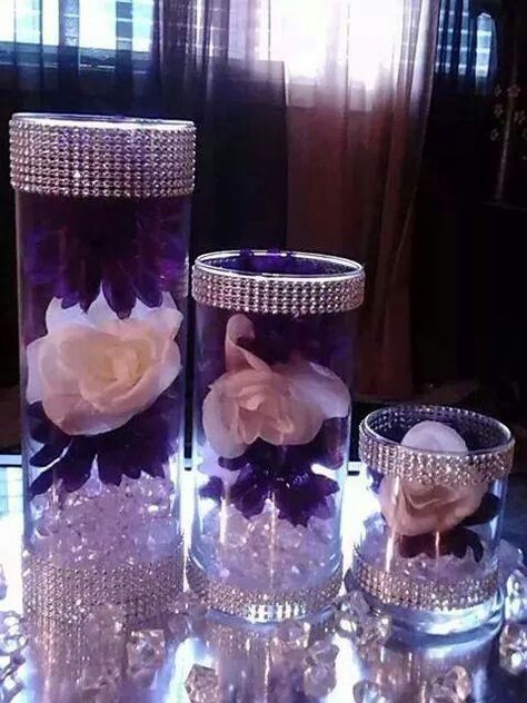 Royal Purple Wedding Centerpieces, Purple And White Centerpieces Diy, Purple Birthday Party Centerpieces, Purple And Silver Birthday Party Centerpieces, Purple And Bling Party, Purple Party Centerpieces, Purple Centerpiece Ideas, 40 Shades Of Purple Party, Purple 60th Birthday Party Ideas