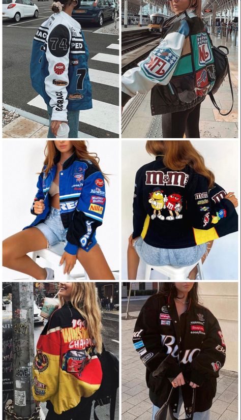 Racing Jacket Outfit, Vintage Jacket Outfit, Racer Jackets, Race Outfit, Graphic Jackets, Varsity Jacket Women, Outfits Stylish, Jacket Streetwear, Outfits Vintage