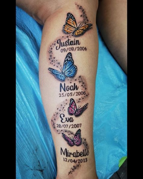 Butterflies With Names Tattoo, Butterfly With Names Tattoo, Tattoos For Multiple Kids, Butterfly Tattoo With Name In The Middle, Family Quote Tattoo For Women, Mom Of 6 Tattoo Ideas, Tattoo Ideas For Moms With Kids, 3 Kid Tattoos For Moms, Tattoo Ideas For Kids For Moms