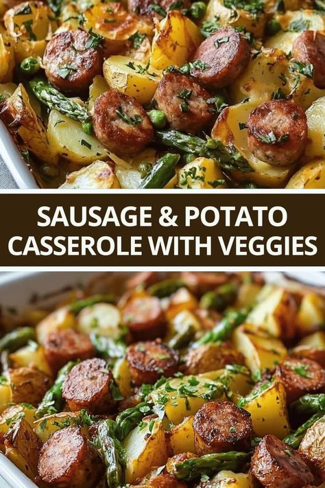 Sausage and Potato Casserole with Spring Veggies Polish Sausage And Asparagus, Sausage With Vegetables, Sausage Potatoes Carrots In Oven, Potatoe And Sausage Casserole Recipes, Sausage And Potato Casserole With Spring Veggies, Italian Sausage And Potato Recipes, Sausage Casseroles For Dinner, Potatoes And Sausage Recipes, Healthy Veggie Casserole